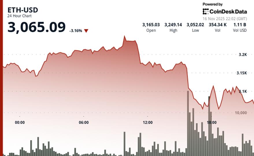 Ether Dips Below $3,100; Investment Manager Says Market Views ETH as ‘More Risky’ Than BTC